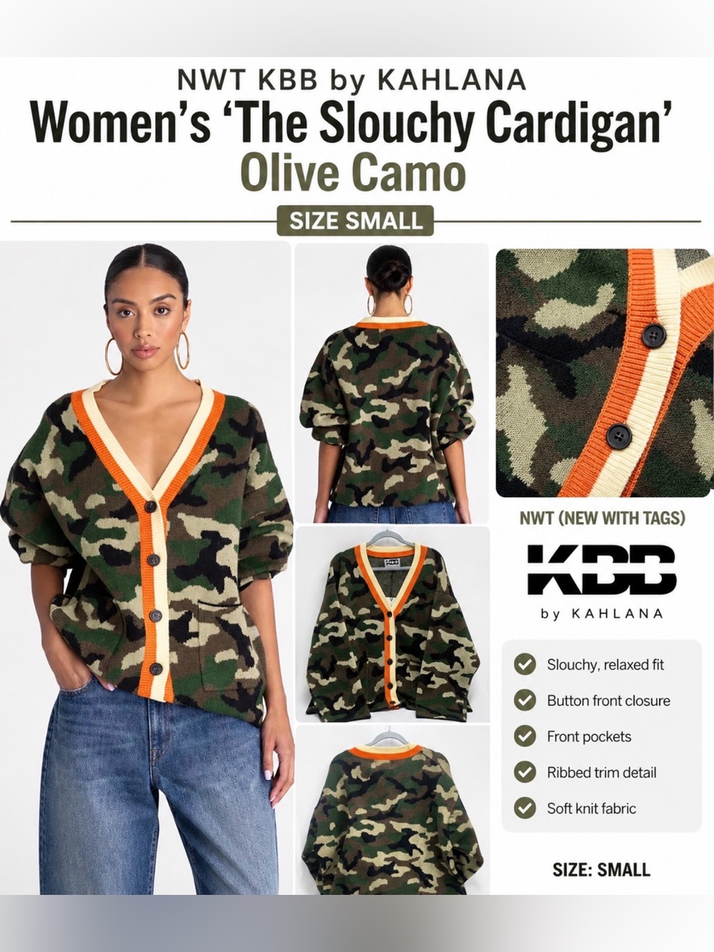 NWT KBB by KAHLANA Women’s “The Slouchy Cardigan” – Olive Camo – Small